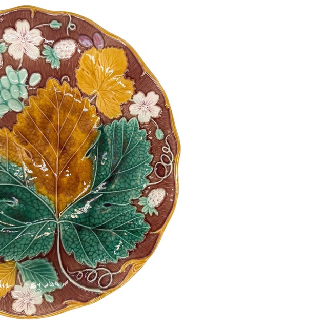 Victorian Wedgwood Majolica 'Vine & Strawberry' Plate on a Brown Ground, English, Ca. 1896 For Sale - Image 3 of 11