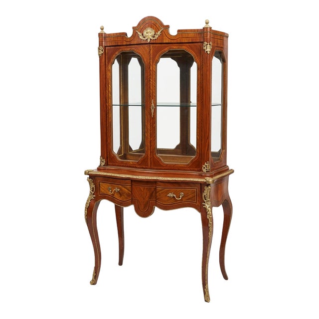 Mid 19th Century French Louis XV Style Ormolu-Mounted Walnut/Rosewood Vitrine Cabinet For Sale