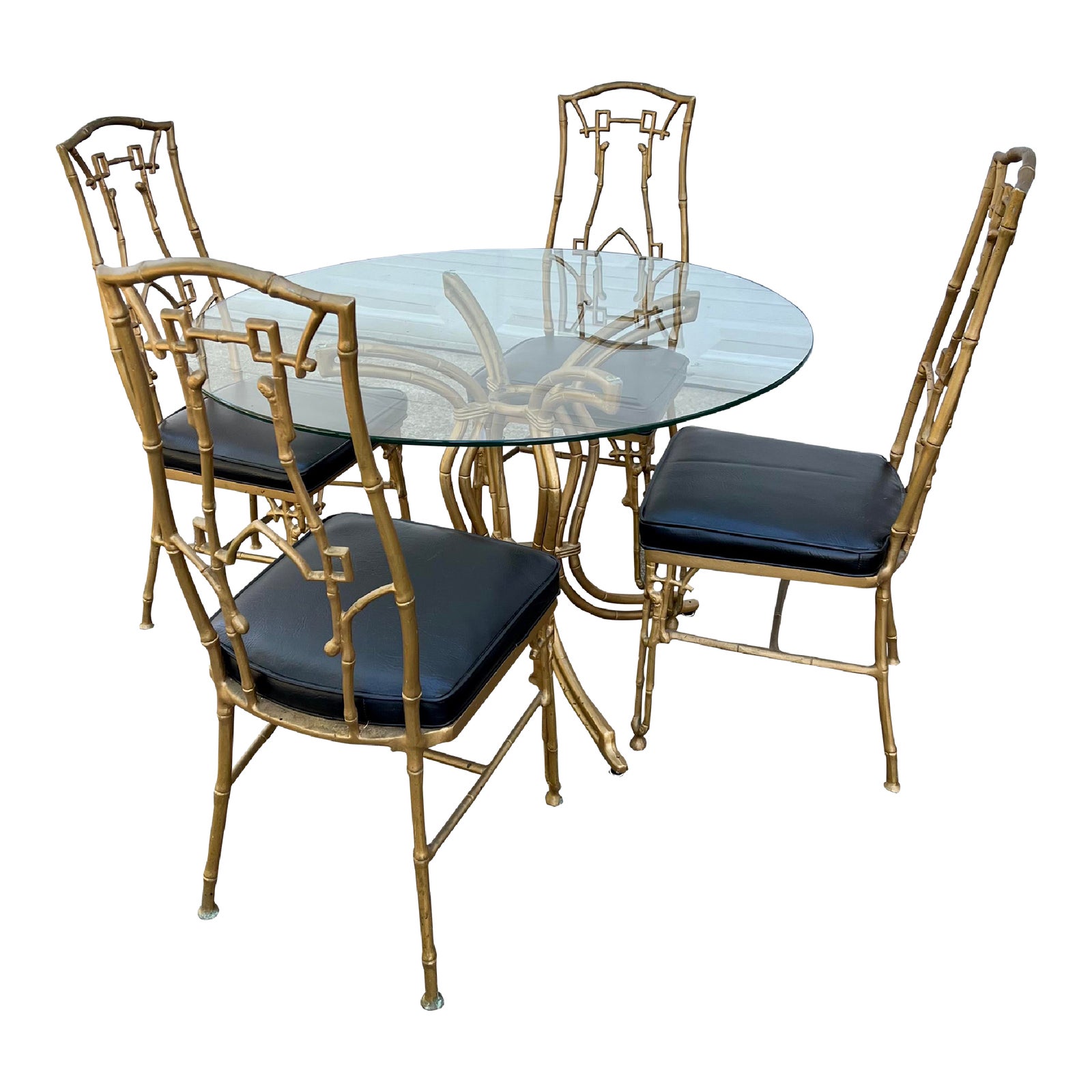 1960s Faux Bamboo SixPiece Cast Iron Glass Top Table and Chairs