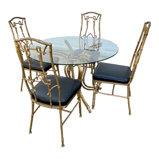 1960s Faux Bamboo Six-Piece Cast Iron Glass Top Table and Chairs, Kessler Industries For Sale