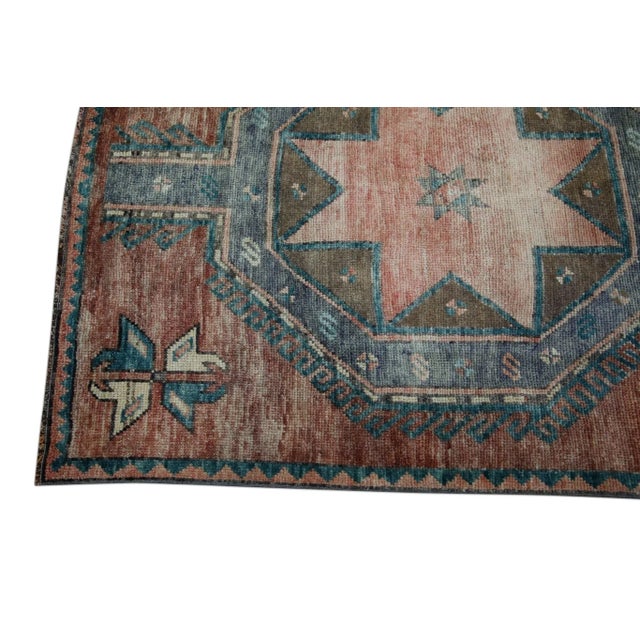 Modern 1960s Red & Blue Geometric Design Handwoven Wool Vintage Turkish Runner 3'3" X 9'9" For Sale - Image 3 of 6