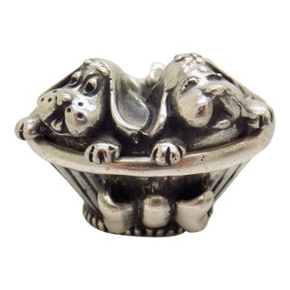 Vintage Italian Handmade Genuine Silver Sleeping Puppies Basket Figurine Sacchetti Arezzo 800 Continental Silver Dog Miniature Sculpture For Sale