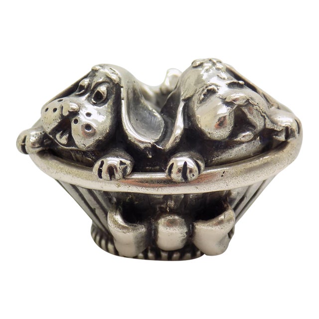 Vintage Italian Handmade Genuine Silver Sleeping Puppies Basket Figurine Sacchetti Arezzo 800 Continental Silver Dog Miniature Sculpture For Sale
