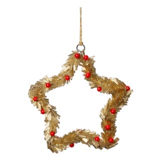 Festive Beaded Ornaments with Red Berries, Set of 12, Gold Star, 6" For Sale