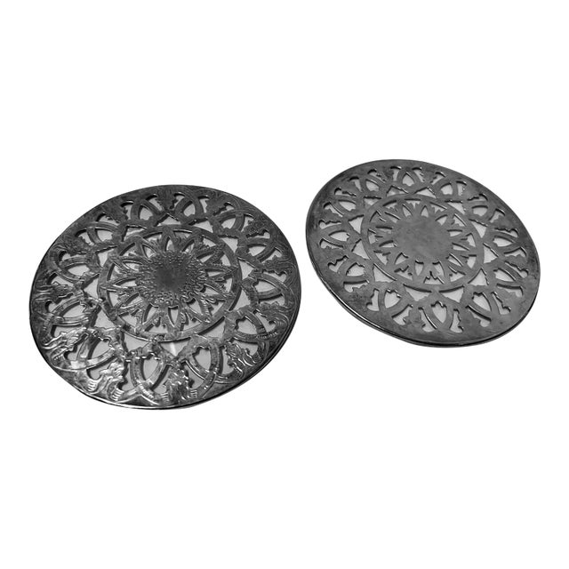 Pair of Vintage Silver-Tone Metal Trivets For Sale