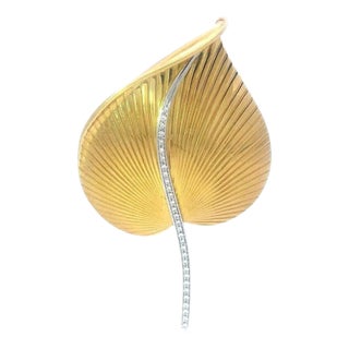Garavelli Diamond Gold Leaf Brooch 18k Two Tone Large Stem 237AL For Sale