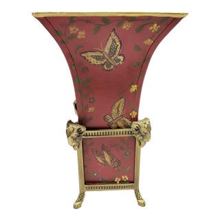 Vintage Red Tole Butterfly Vase Cachepot in Brass Rams Head Stand For Sale