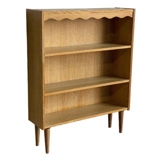 Vintage Oak Bookcase With 3 Open Shelves Scalloped Top Trim and Tapered Legs Denmark 1960s For Sale