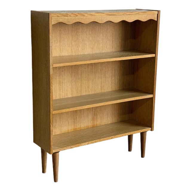 Vintage Oak Bookcase With 3 Open Shelves Scalloped Top Trim and Tapered Legs Denmark 1960s For Sale