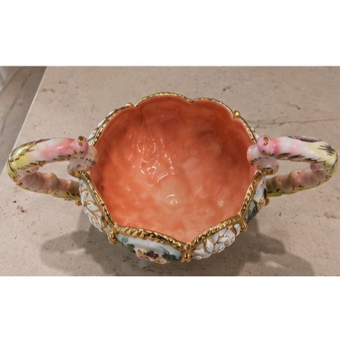Rococo Vintage Italian Hand-Painted Porcelain Gilt Two-Handle Pedestal Compote For Sale - Image 3 of 4