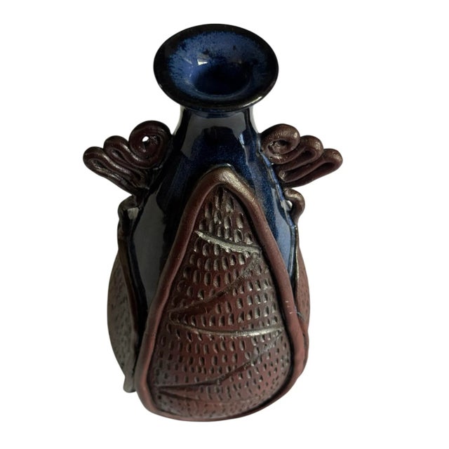 Mid 20th Century Mid 20th Century Blue Glaze & Brown Clay Studio Pottery Overlay Vase For Sale - Image 5 of 9