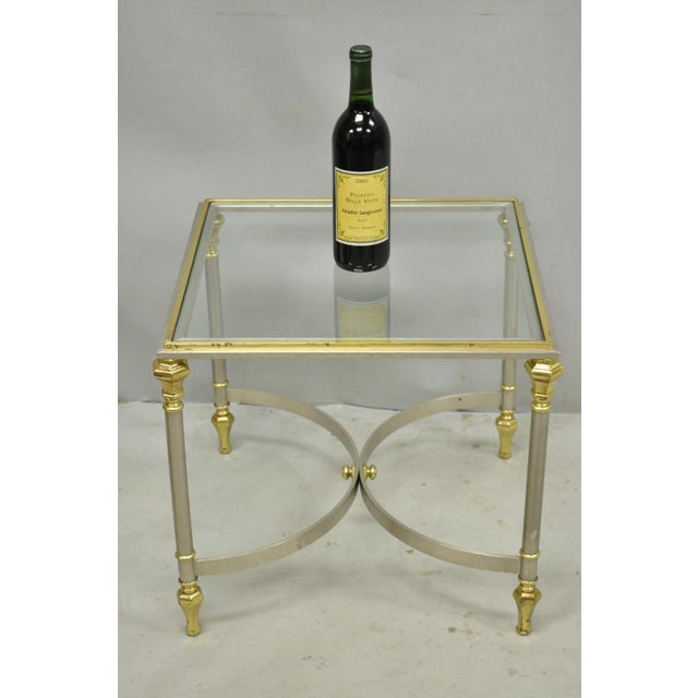 Vintage French Directoire Maison Jansen Style Steel and Brass Low Square Stretcher Base Side Table. Circa Late 20th...