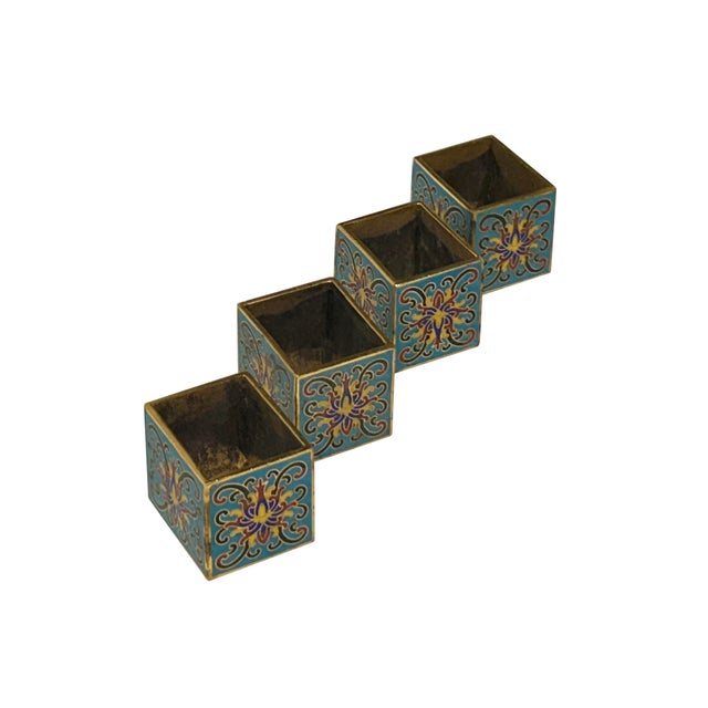 Metal Set of 4 Turquoise Enamel Cloisonne Furniture Feet Metal Bracket For Sale - Image 7 of 8