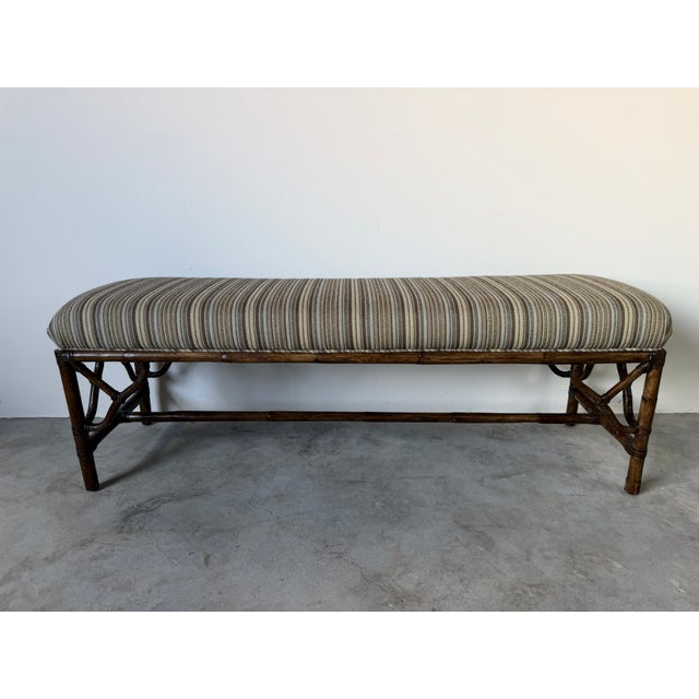 Vintage McGuire Style Bamboo & Leather Binding Upholstered Bench For Sale - Image 9 of 18