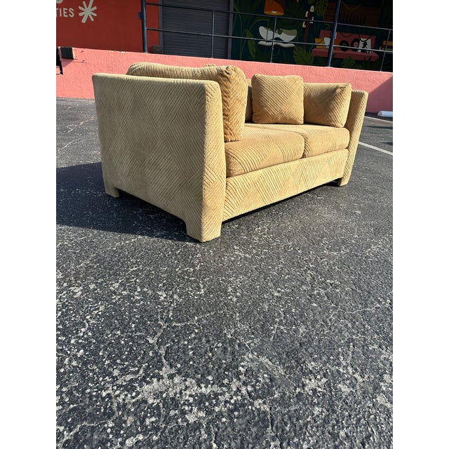 Milo Baughman Vintage Diamond Pattern Corduroy Parsons Loveseat For Sale - Image 4 of 11