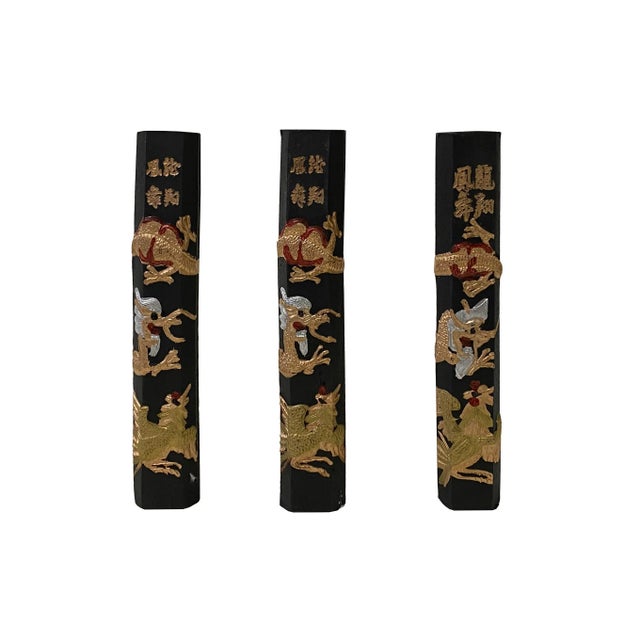 Drawing/Sketching Materials Chinese Calligraphic Black Ink Sticks With Gold Dragon Characters- Set of 3 For Sale - Image 7 of 7