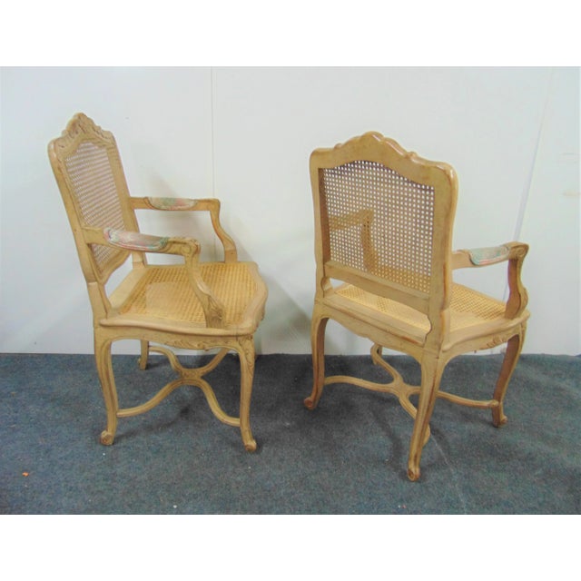 Mid 20th Century Louis XV Style Faux Painted Carved Caned Arm Chairs - a Pair For Sale - Image 5 of 7