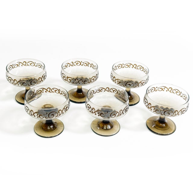 Striking set of six vintage 1970s Libbey “Prado” champagne coupe / sherbet glasses in tawny smoke glass with raised dark...