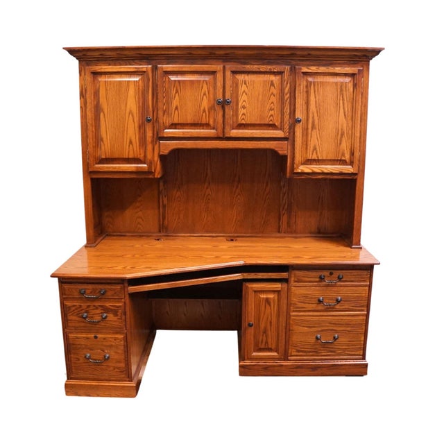 French Country Winners Only Solid Oak Rustic Early American Country Style 74" Computer Desk W. Cabinet Storage Top For Sale - Image 3 of 18