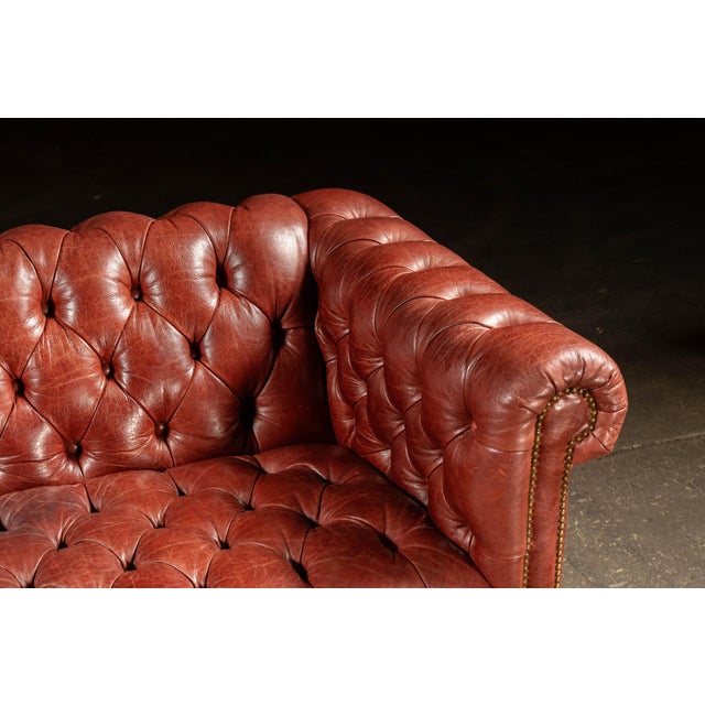 Vintage Burnt-Red Leather Tufted Chesterfield Sofa With Nailhead Trim For Sale - Image 9 of 18