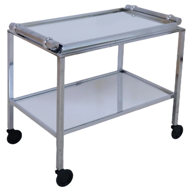 Art Deco Modernist Chromed Bar Cart with Mirrors and Cylindrical Handles, 1930s For Sale