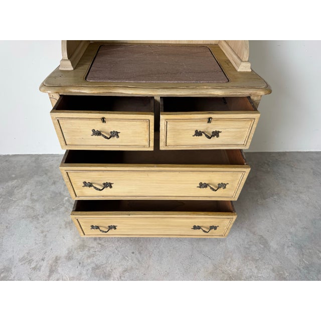 Wood Antique French Country Style Painted Wood Cabinet With Glass Hutch & Marble Top Chest For Sale - Image 7 of 12