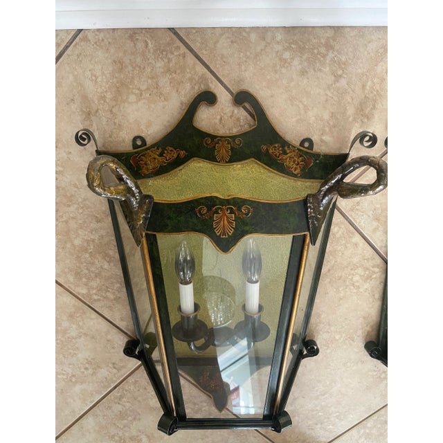 Mediterranean Italian Painted Tole Wall Lanterns, Made in Italy - Set of 2 For Sale - Image 4 of 12
