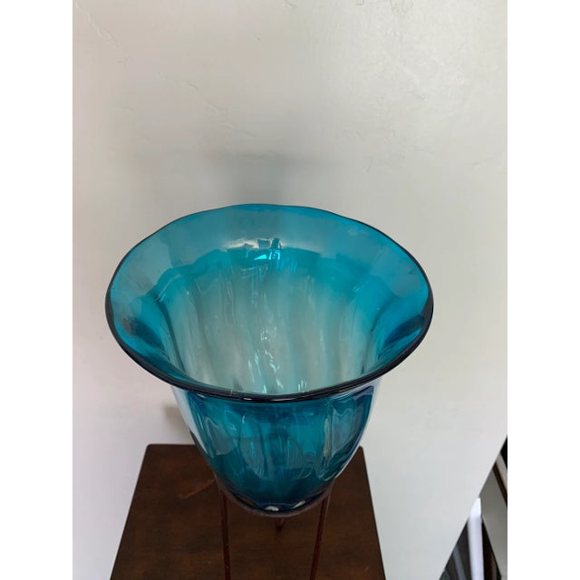 Large artist made mouth blown studio glass vase on metal stand Stunning turquoise blue color Glass part: 8.75x 11”h Total...