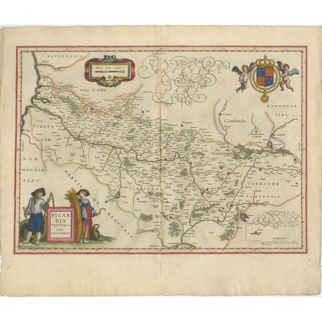 Antique Blaeu Map Picardy Region France, Decorative Costume Cartouche 1642 This elegant map of Picardy (Picardia) in...
