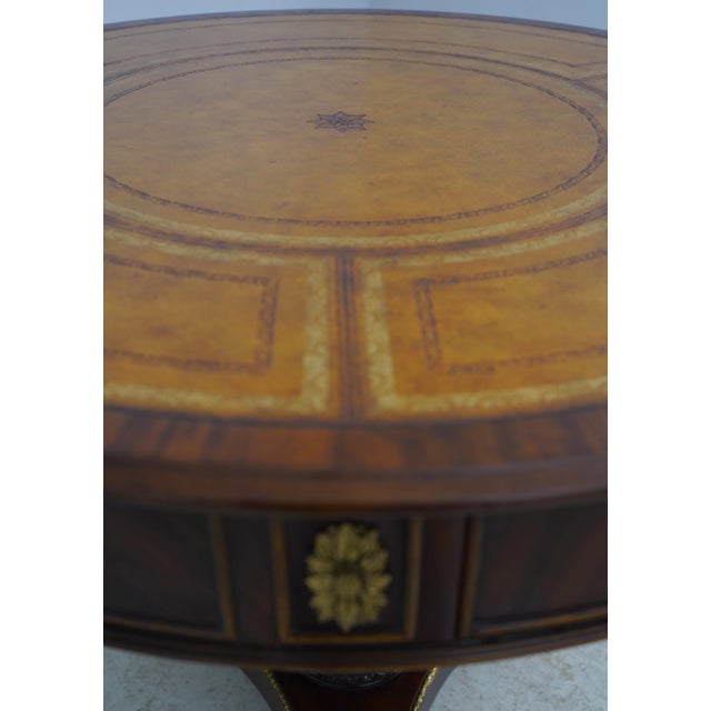 Wood Maitland Smith Round Mahogany Leather Top Drum Table For Sale - Image 7 of 18