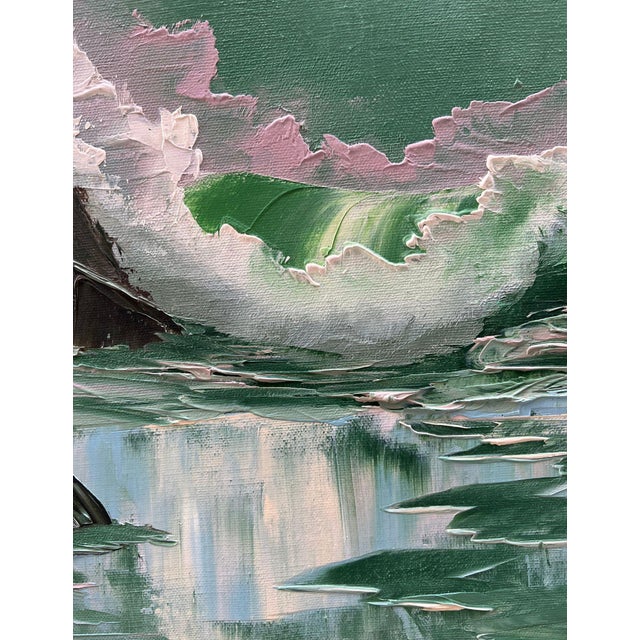 Framed Seascape Painting of Crashing Waves in Aqua With Pink Sky For Sale In Los Angeles - Image 6 of 15