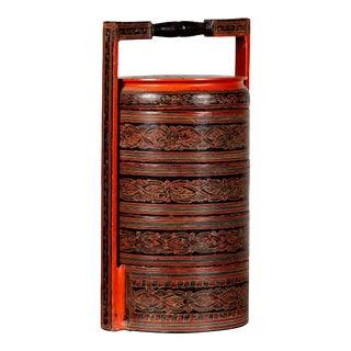 Burmese Pagan Dynasty Style Stacking Picnic Basket with Underglaze Decor For Sale