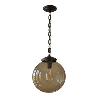 1970s Mid Century Modern Smoked Glass Globe Pendant Light, Black Metal, Ceiling Fixture For Sale