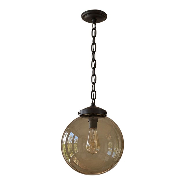 1970s Mid Century Modern Smoked Glass Globe Pendant Light, Black Metal, Ceiling Fixture For Sale