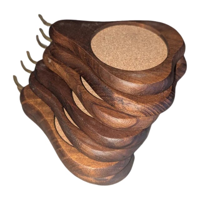 Mid-Century Modern Vintage MCM Hand-Carved Pear-Shaped Coasters – Set of 7 – Hardwood & Cork For Sale - Image 3 of 10