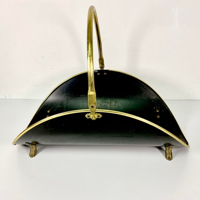 Metal Mid-Century Arts & Crafts Federal Americana Black & Brass Firewood Holder With Paw Feet For Sale - Image 7 of 11