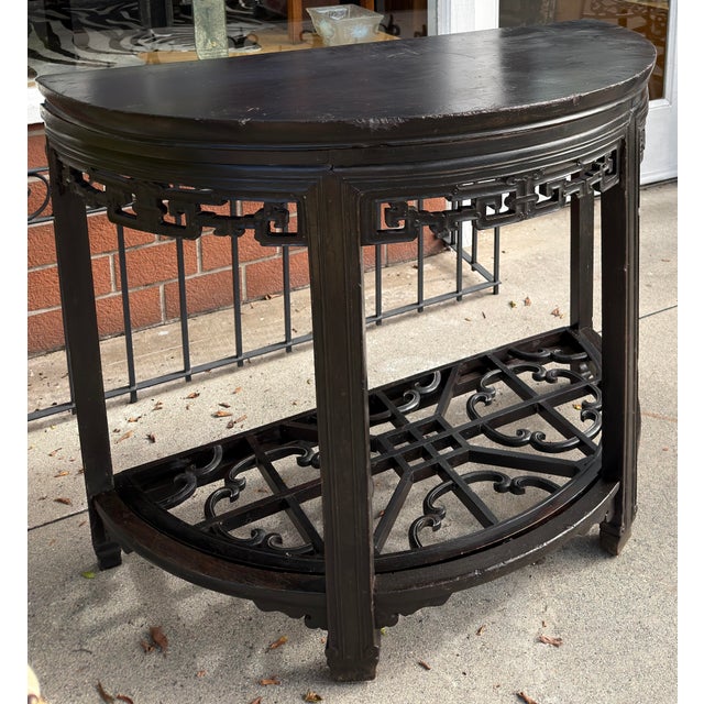 19th Century Antique Chinese Black Ebony Demilune Console Table For Sale - Image 5 of 8
