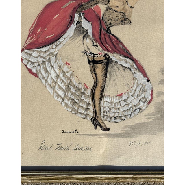 Printmaking Materials 1950s Pair of Original French Cabaret CanCan Dancers Watercolor Paintings by Janicotte For Sale - Image 7 of 8