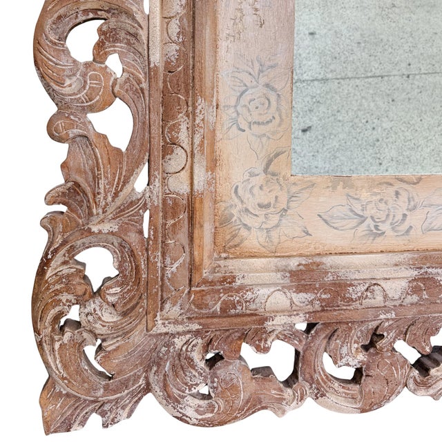Grand Venetian Style Wood Carved Floor or Wall Architectural Mirror in Distressed Whitewash For Sale In San Diego - Image 6 of 8