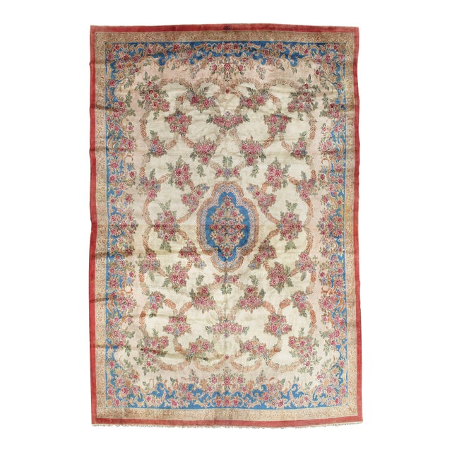 Antique Kerman Carpet, Handmade Persian Rug, Wool Carpet, Pink Red, Green, Ivory For Sale