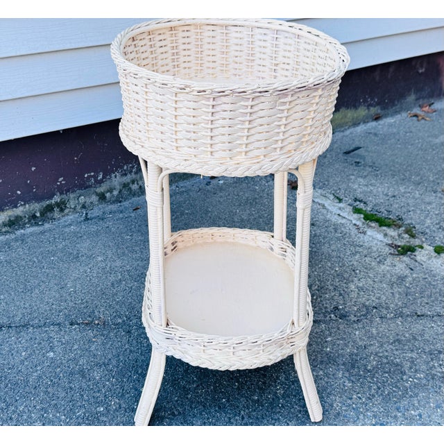 White Vintage 1920 Heywood Wakefield Oval Wicker Painted Planter Stand For Sale - Image 8 of 9