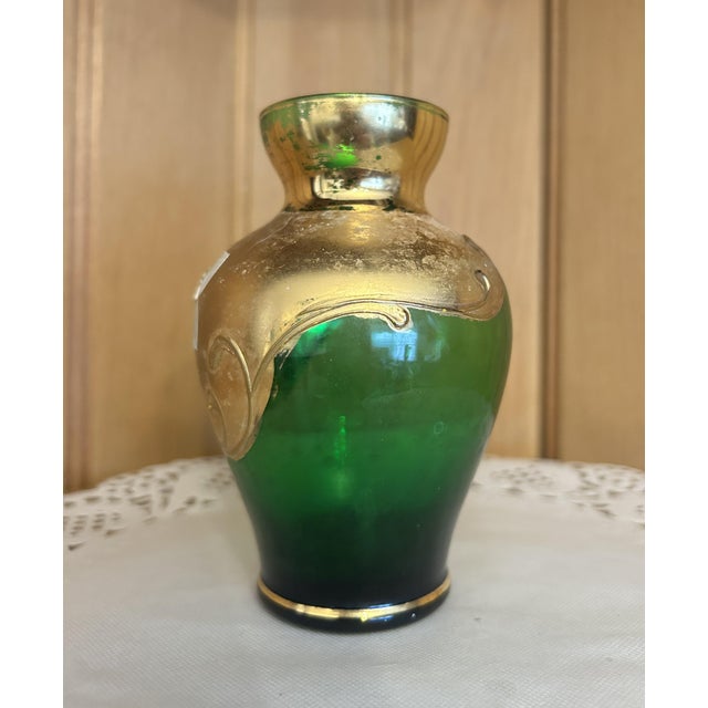 Metal Antique Hand-Painted Bohemian Green Gold Moser Small Glass Vase Floral Motif For Sale - Image 7 of 8