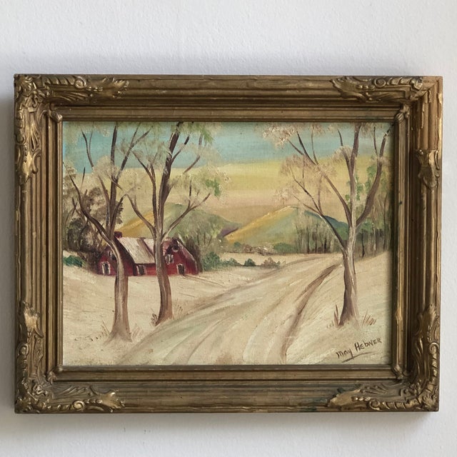 Mid-20th Century Winter Farmhouse Landscape, Oil on Board -- Framed For Sale - Image 12 of 12