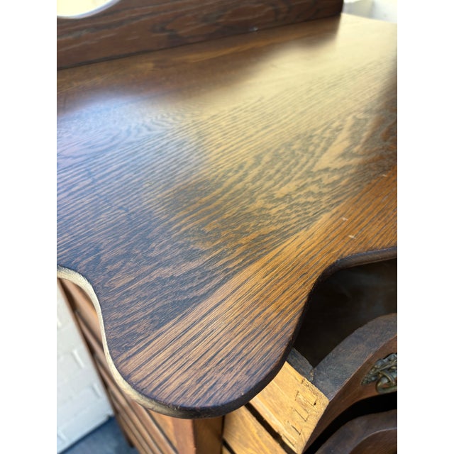 Gemstone Antique Oak Highboy Dresser Featuring Distinctive Serpentine Bowed Drawers and a Small Upper Side Cabinet For Sale - Image 7 of 11