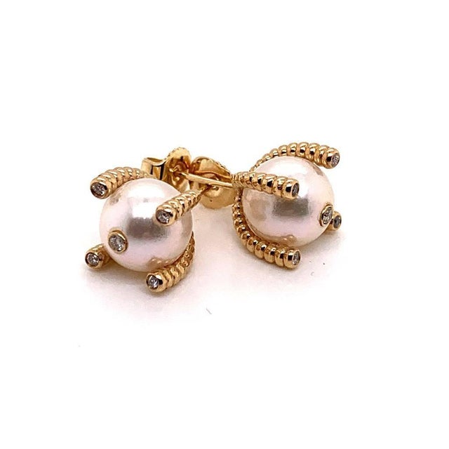 Metal Diamond Large Akoya Pearl Earrings 14k Gold 9.25 mm Certified For Sale - Image 7 of 14