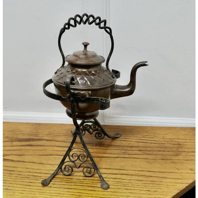 Copper Antique Copper Kettle on Wrought Iron Stand For Sale - Image 8 of 8