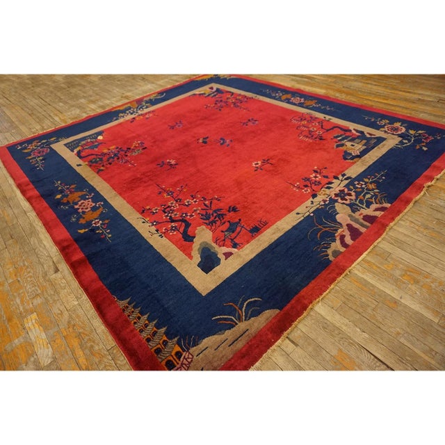 Antique Square Wool Blue Red Hand Knotted Pile Rug, Circa Date: 1920s. This exceptional square piece exemplifies the...