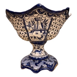 Vintage Portuguese Ceramic Footed Bowl Centerpiece For Sale