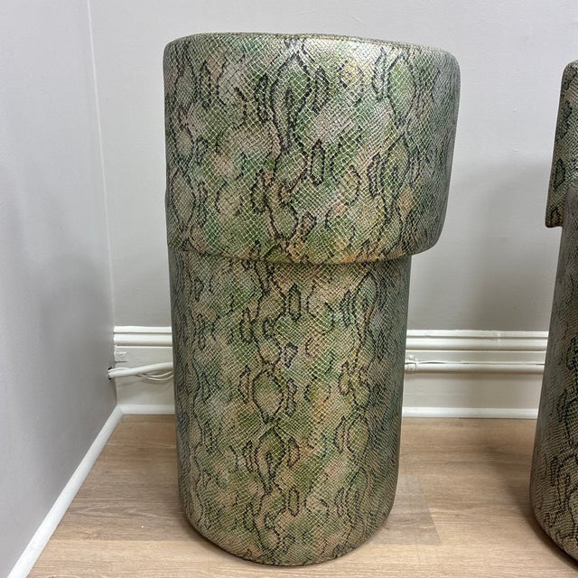 Awesome green faux snakeskin barrel bar stools with shimmering pinkish gold accent coloring. One of a kind- these stools...