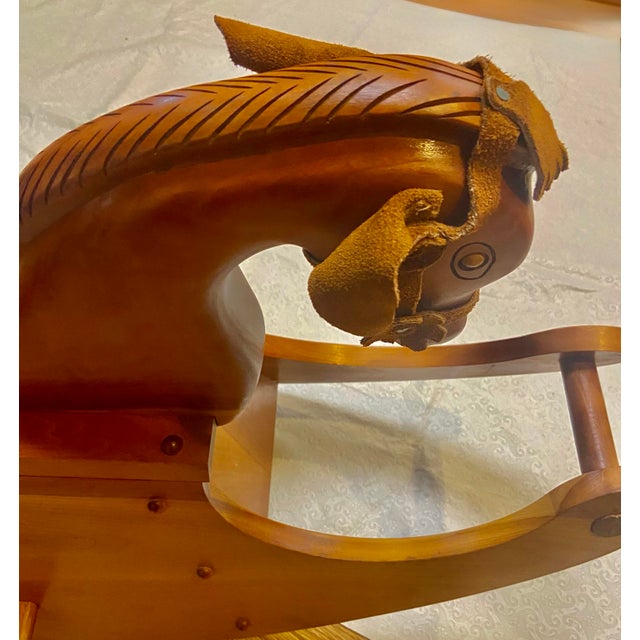 47” Vintage Handcrafted Rocking Horse Solid Cherry Wood,with Leather Bridle and Ears, Carved Mane For Sale In Sacramento - Image 6 of 10
